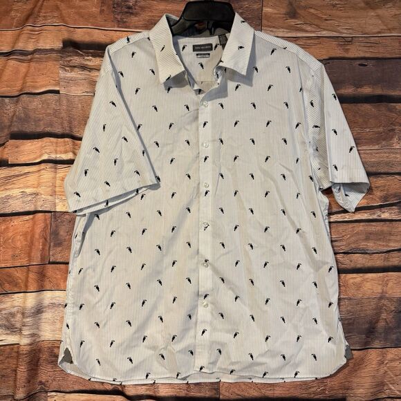 Van Heusen Shirt XXL Men's White Blue Stripe Toucan Print Button Up Short Sleeve - Picture 1 of 8